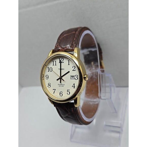 Timex Easy Reader Date Indiglo Gold Tone 35mm Quartz Watch New Battery WR 30M - Picture 2 of 15
